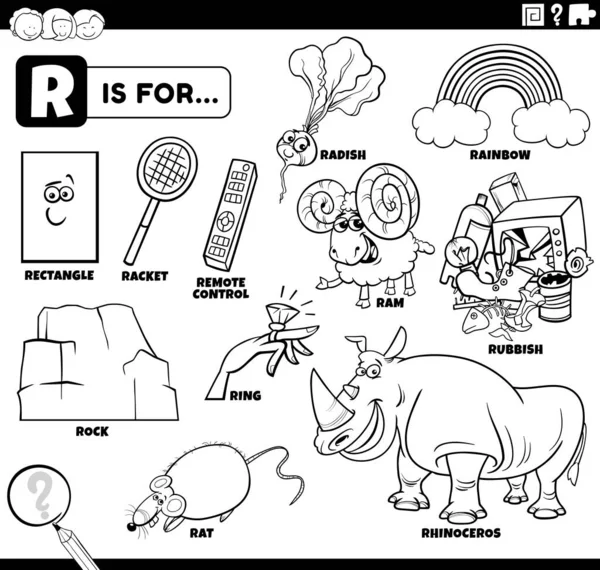 为有漫画人物和物品的儿童设计的黑白教育卡通画 用于字母R的着色书页 — 图库矢量图片