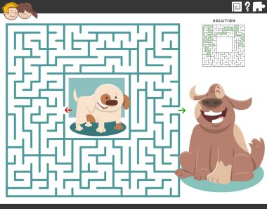 Yetişkin köpeği ve küçük yavrusu olan çocuklar için eğitici labirent bulmaca oyununun çizgi film çizimi