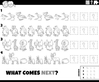 Black and white cartoon illustration of completing the pattern educational task with funny animal characters coloring book page
