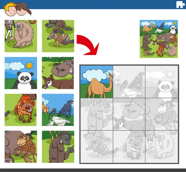 Tegneserie Illustration Pædagogisk Puslespil Opgave Børn Med Sjove Dyrefigurer – Stock-vektor
