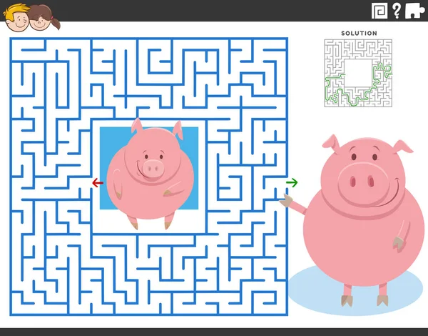 Cartoon Illustration Educational Maze Puzzle Game Children Adult Pig Cute — Stockový vektor