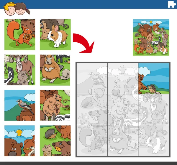 面白い動物の文字グループの子供のための教育ジグソーパズルゲームの漫画イラスト — ストックベクタ