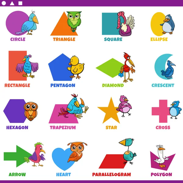 学龄前和小学儿童基本几何形状的教育卡通画 附有说明和滑稽鸟类动物特征 — 图库矢量图片