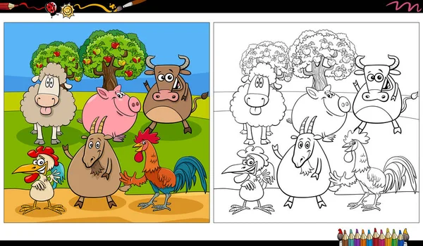 Cartoon Illustration Farm Animal Characters Group Coloring Book Page — Stock Vector