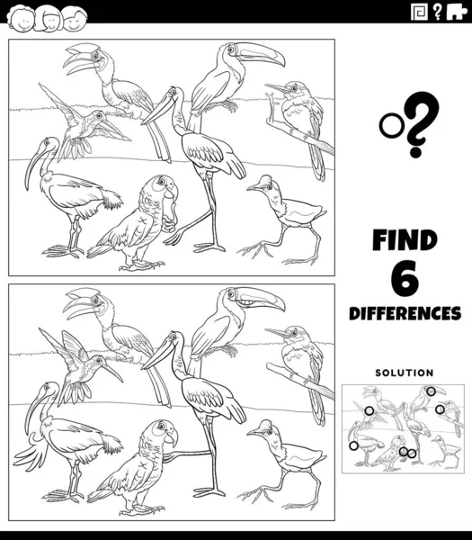 Kuşlu çocuklar için eğitici resim oyunu ve hayvan karakterleri kitap sayfası boyama arasındaki farkları gösteren siyah beyaz çizgi film çizimi
