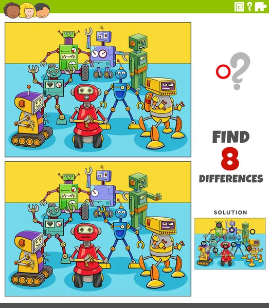 Cartoon Illustration Finding Differences Pictures Educational Game Children Robots Characters — стоковый вектор