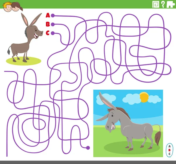 Cartoon Illustration Lines Maze Puzzle Game Comic Donkey Character Cute — 스톡 벡터