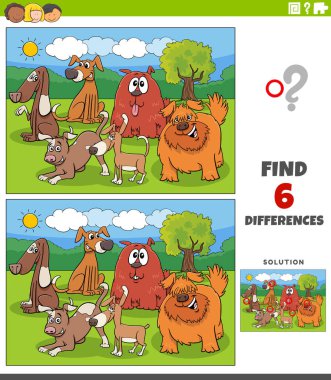 Mutlu köpek hayvan karakterleri grubuyla resim eğitici oyun arasındaki farkları gösteren çizgi film çizimi