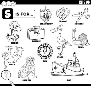 S harfi boyama kitabı sayfasına ayarlanmış komik karakterli ve nesneli çocuklar için siyah ve beyaz çizgi film çizimi