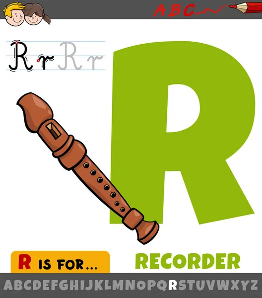 Educational Cartoon Illustration Letter Alphabet Recorder Musical Instrument — Διανυσματικό Αρχείο