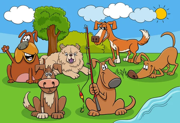 Cartoon Illustration Funny Dogs Puppies Comic Animal Characters Group River - Stok Vektor