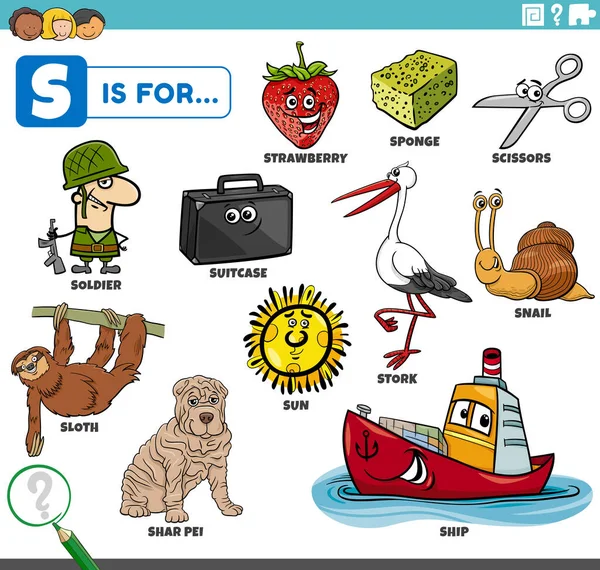 Educational Cartoon Illustration Children Comic Characters Objects Set Letter — Stockvektor