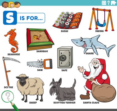 S harfi için hazırlanmış komik karakterli ve nesneli çocuklar için eğitici karikatür çizimi