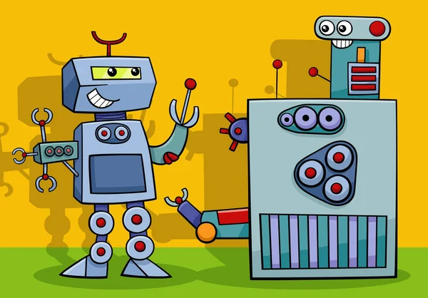 Dibujos Animados Ilustración Dos Robots Divertidos Personajes Cómicos Hablando — Vector de stock