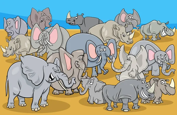 Cartoon Illustration Elephants Rhinos Animal Characters Group — Stok Vektör