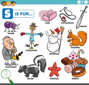 S harfi için hazırlanmış komik karakterli ve nesneli çocuklar için eğitici karikatür çizimi