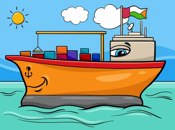 Cartoon Ilustrace Legrační Kontejner Loď Komický Znak Moři — Stockový vektor