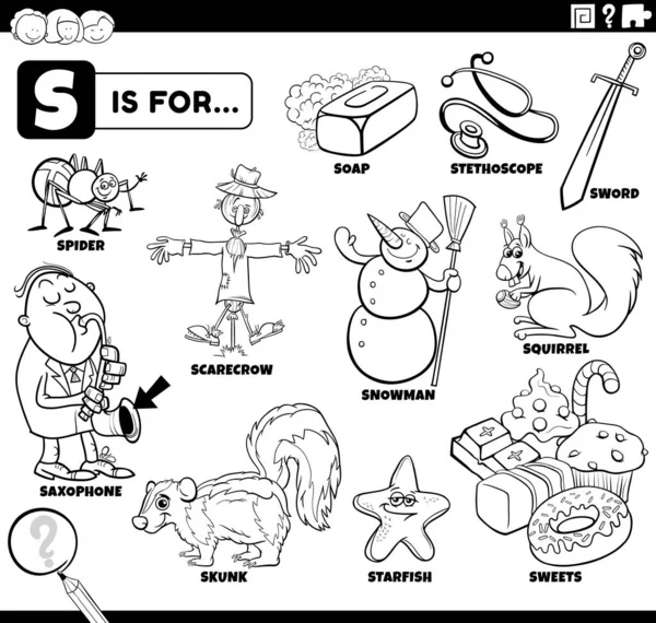 Black White Educational Cartoon Illustration Children Comic Characters Objects Set — Vector de stock