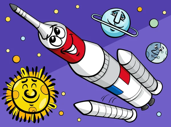 宇宙空間における面白い宇宙ロケットの漫画イラスト — ストックベクタ