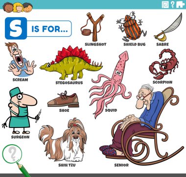S harfi için hazırlanmış komik karakterli ve nesneli çocuklar için eğitici karikatür çizimi