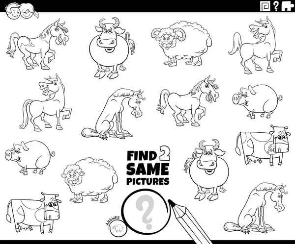 Çiftlik hayvanlarının karakter boyama sayfasında aynı iki resmi bulmanın siyah beyaz çizgi film çizimi