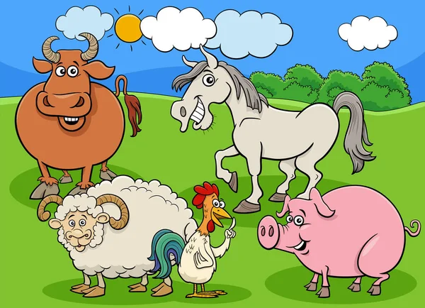 牧草地での家畜のキャラクターグループの漫画イラスト — ストックベクタ