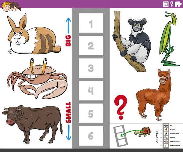 Мультфильм Иллюстрация Образовательной Игры Поиску Самых Больших Маленьких Животных Комическими — стоковый вектор
