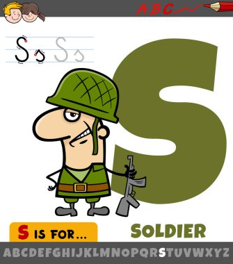 Asker karakterli alfabedeki S harfinin eğitici çizimi