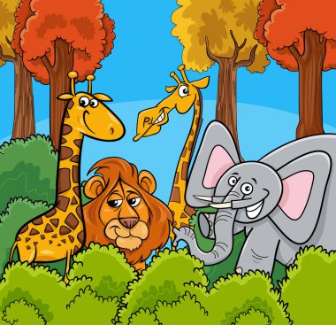 Komik vahşi hayvan karakterleri grubunun çizgi film çizimleri