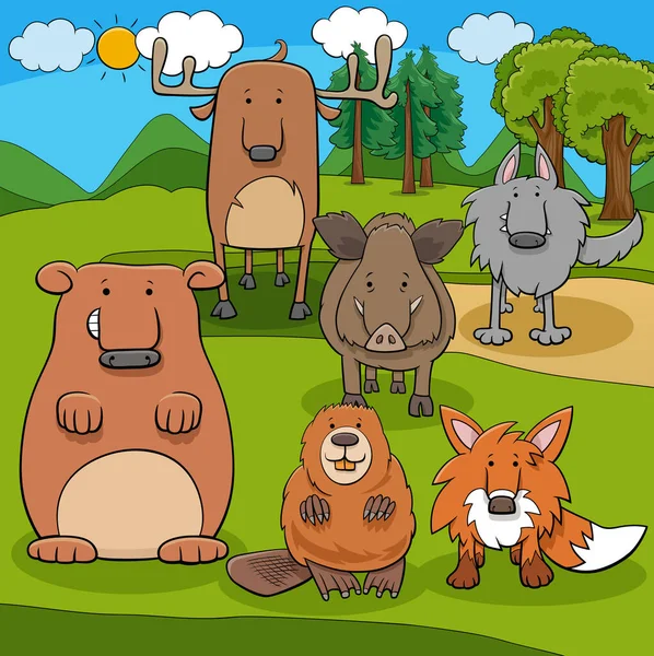 Komik Vahşi Hayvan Karakterleri Grubunun Çizgi Film Çizimleri — Stok Vektör