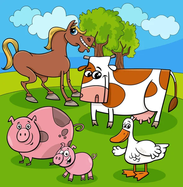 Cartoon Illustration Von Nutztierfiguren Auf Der Wiese — Stockvektor