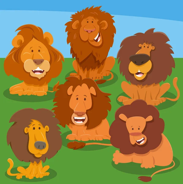 Γελοιογραφία Εικονογράφηση Της Ομάδας Αστεία Λιοντάρια Άγρια Ζώα Χαρακτήρες — Διανυσματικό Αρχείο
