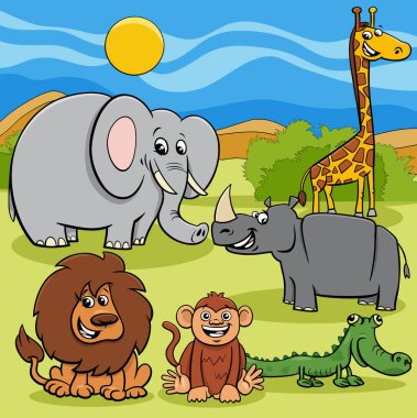 Komik vahşi Afrika hayvan karakterleri grubunun çizgi film çizimleri
