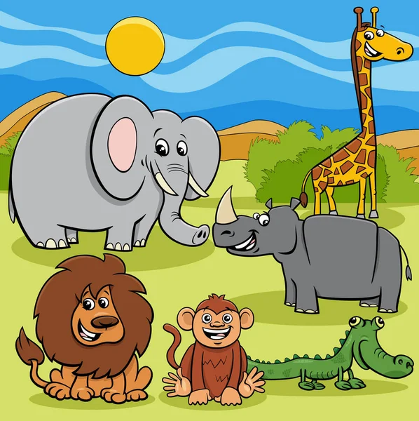 面白い野生のアフリカの動物のキャラクターグループの漫画イラスト — ストックベクタ