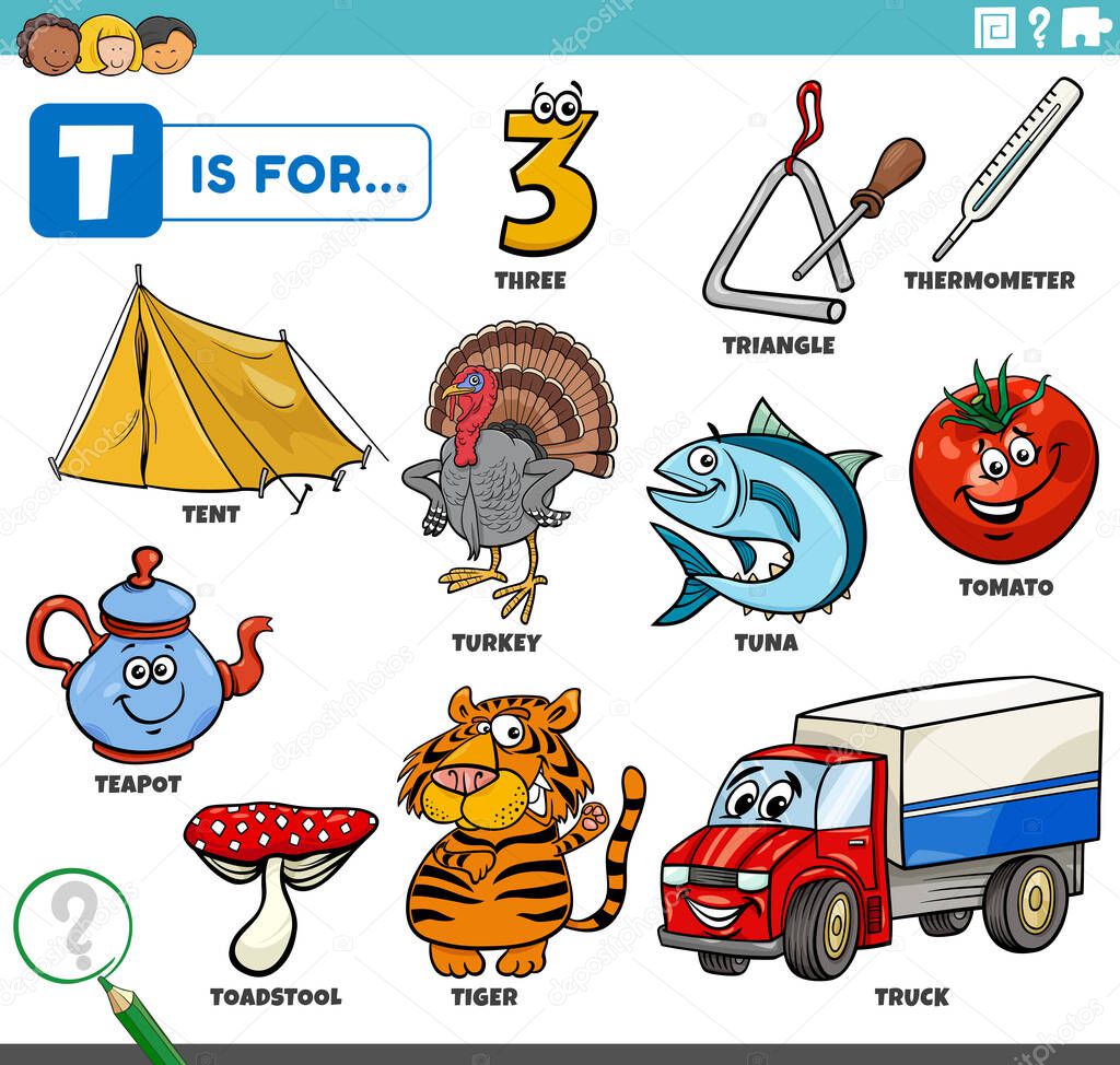 educational cartoon illustration for children with comic characters and objects set for letter T