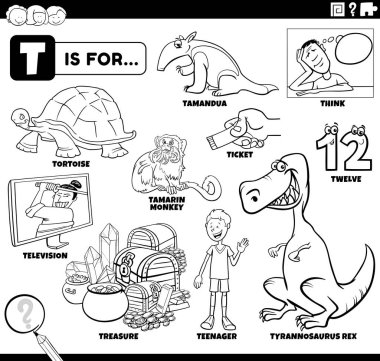 T harfi boyama kitabı sayfası için belirlenmiş komik karakterleri ve nesneleri olan çocuklar için siyah ve beyaz eğitim çizgi filmi çizimi