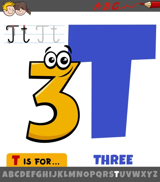 Educational Cartoon Illustration Letter Alphabet Three Number — Stock Vector