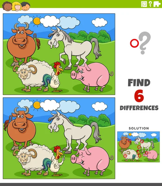 Komik Çiftlik Hayvanı Karakterleri Grubuyla Resim Eğitimsel Oyun Arasındaki Farkları — Stok Vektör
