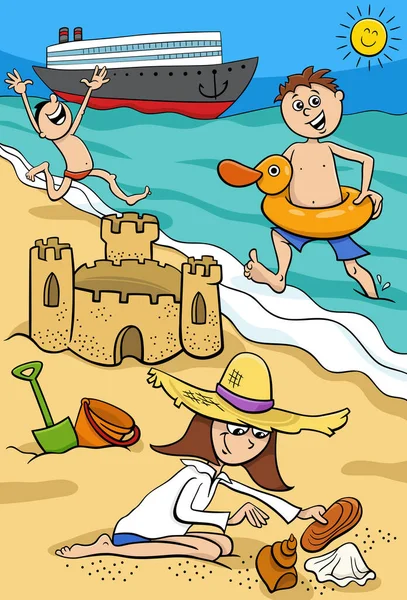 Мультфильм Счастливых Детях Проводящих Отпуск Пляже — стоковый вектор