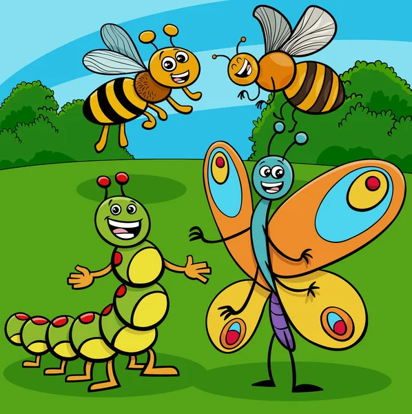 Illustration Bande Dessinée Insectes Heureux Drôle Groupe Personnages Animaux — Image vectorielle