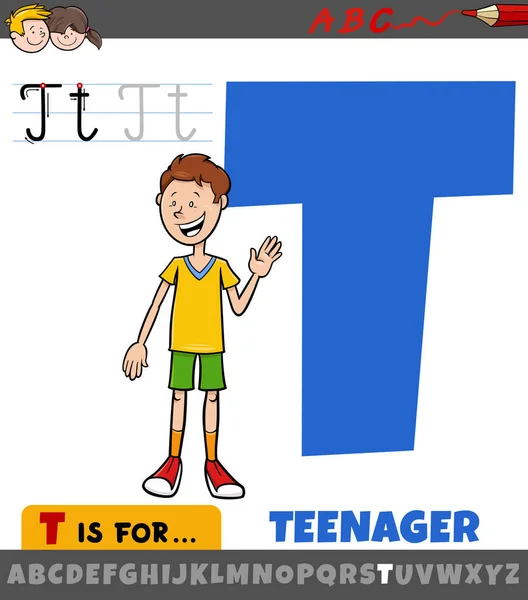 Educatieve Cartoon Illustratie Van Letter Uit Het Alfabet Met Tiener — Stockvector