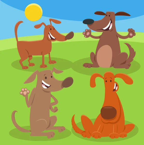 フレンドリーな犬や子犬の動物キャラクターグループの漫画イラスト — ストックベクタ