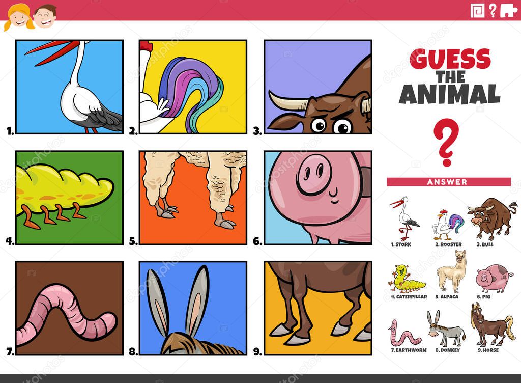 Cartoon illustration of educational game of guessing animal species for children