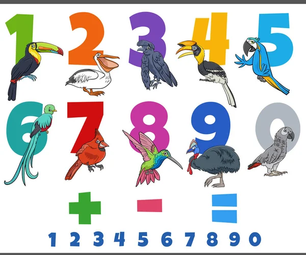 Ilustracja Rysunkowa Liczb Edukacyjnych Jednego Dziewięciu Zabawnymi Ptakami Postaci Zwierząt — Wektor stockowy