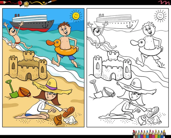 Tatillerini Plaj Boyama Sayfasında Geçiren Mutlu Çocukların Çizgi Film Çizimleri — Stok Vektör