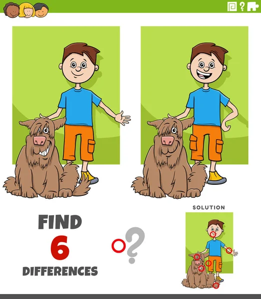 卡通画说明了对男孩和他的宠物狗的图片教育任务的区别 — 图库矢量图片