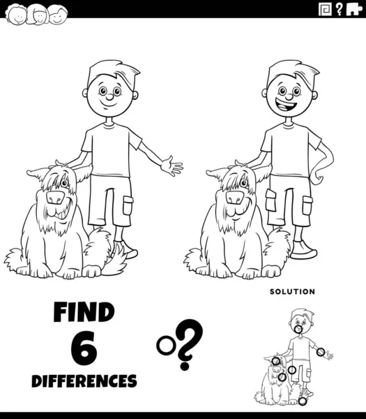用黑白卡通画说明男孩和他的宠物狗着色页面之间图片教育任务的区别 — 图库矢量图片