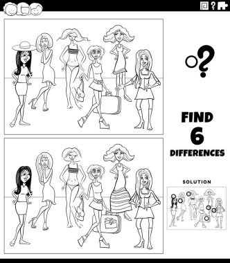 Güzel kadın karakterler grubu boyama sayfası ile resim eğitimsel oyun arasındaki farkları gösteren siyah beyaz çizgi film çizimi