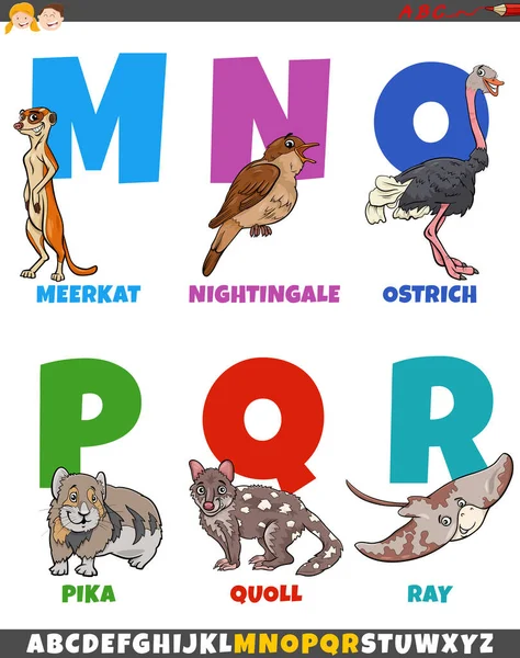 Illustration Bande Dessinée Alphabet Coloré Lettre Avec Des Personnages Animaux — Image vectorielle