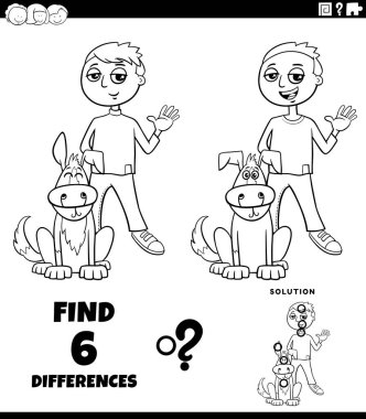 Çocuk ve onun köpek boyama kitabı sayfası ile resim eğitimi oyunu arasındaki farkları gösteren siyah beyaz çizgi film çizimi